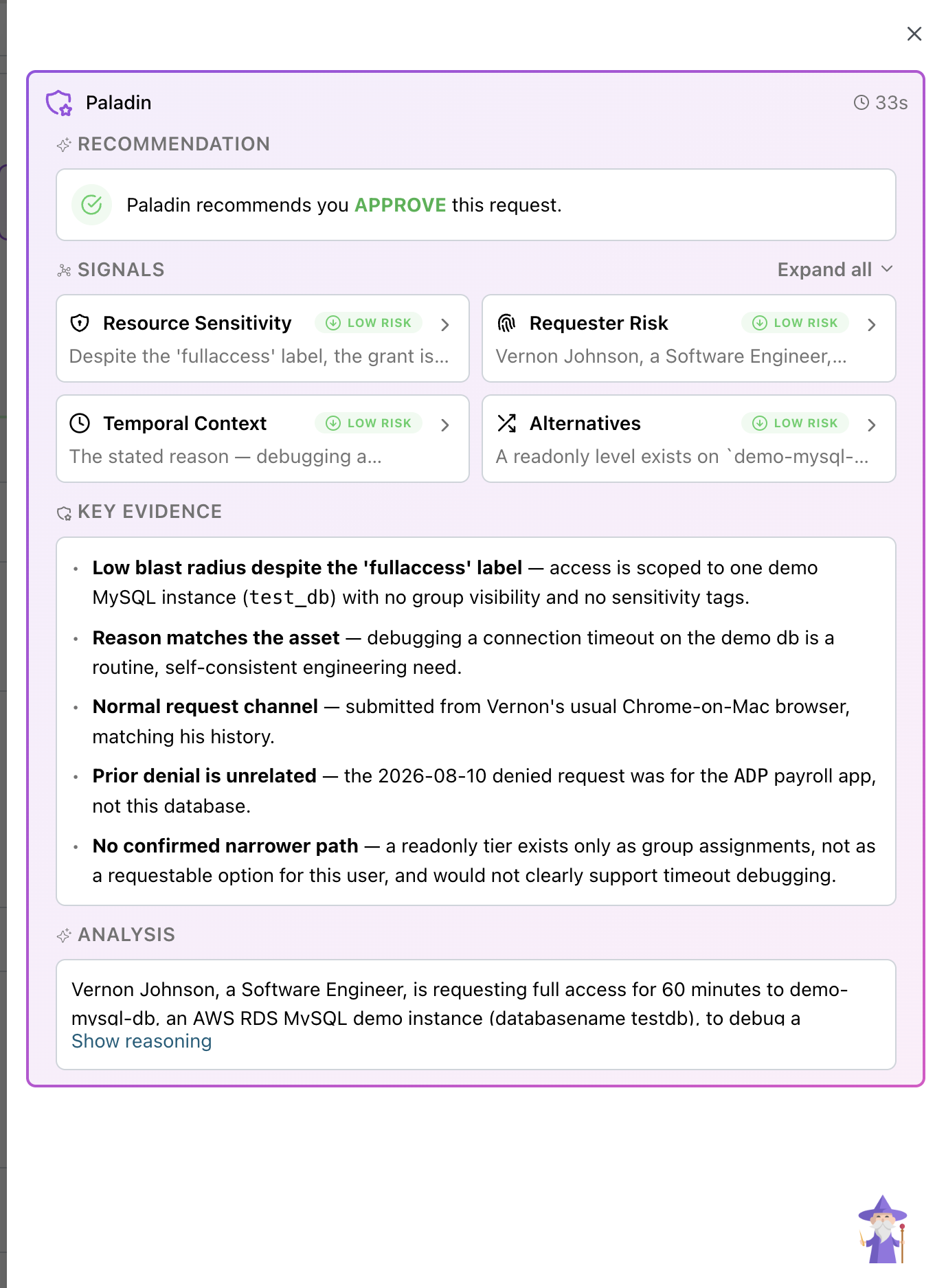 Paladin's review of a request: an approve recommendation, a four-signal scorecard, a key-evidence list, and an analysis summary.