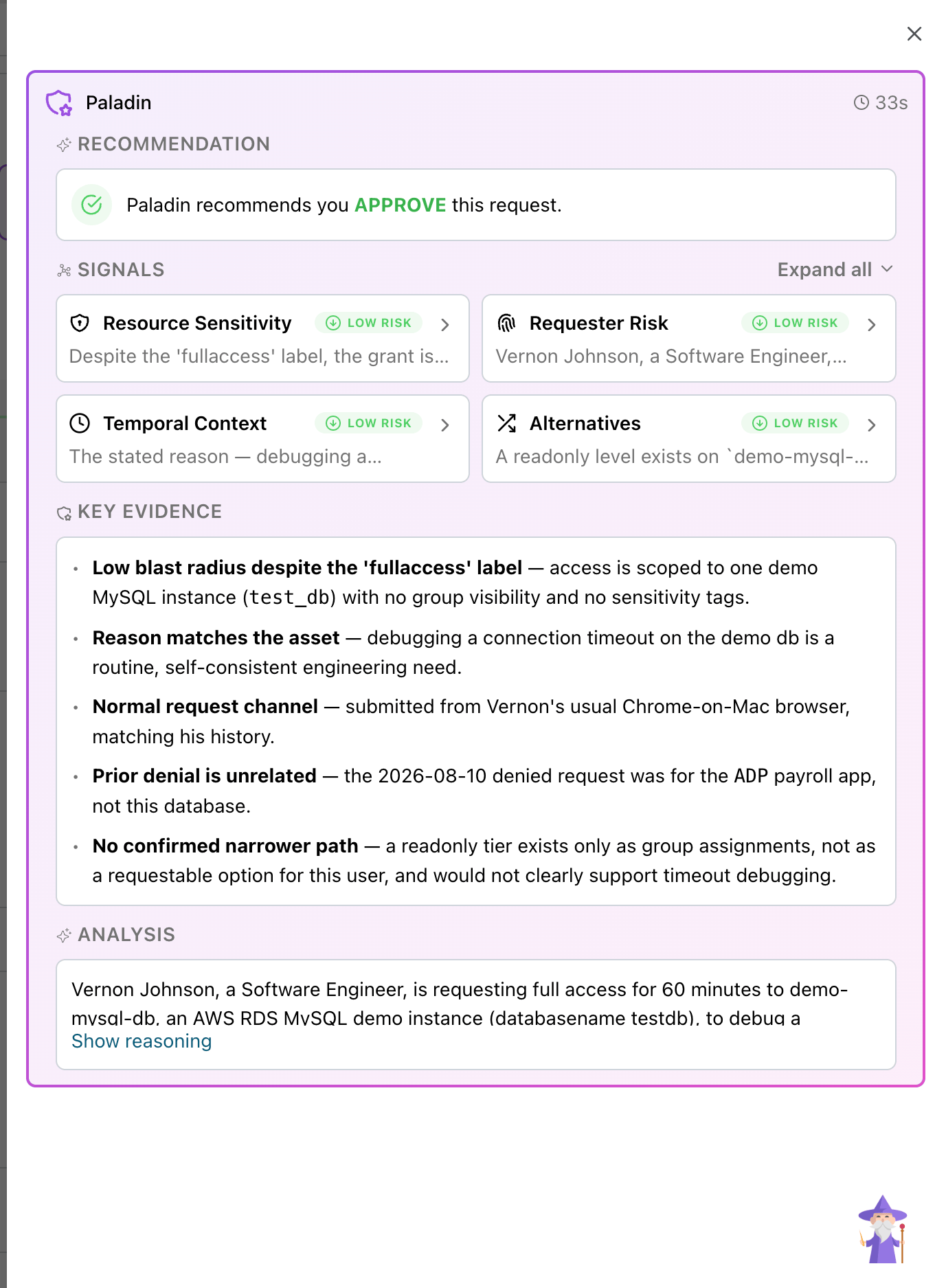 Paladin's review of a request: an approve recommendation, a four-signal scorecard, a key-evidence list, and an analysis summary.