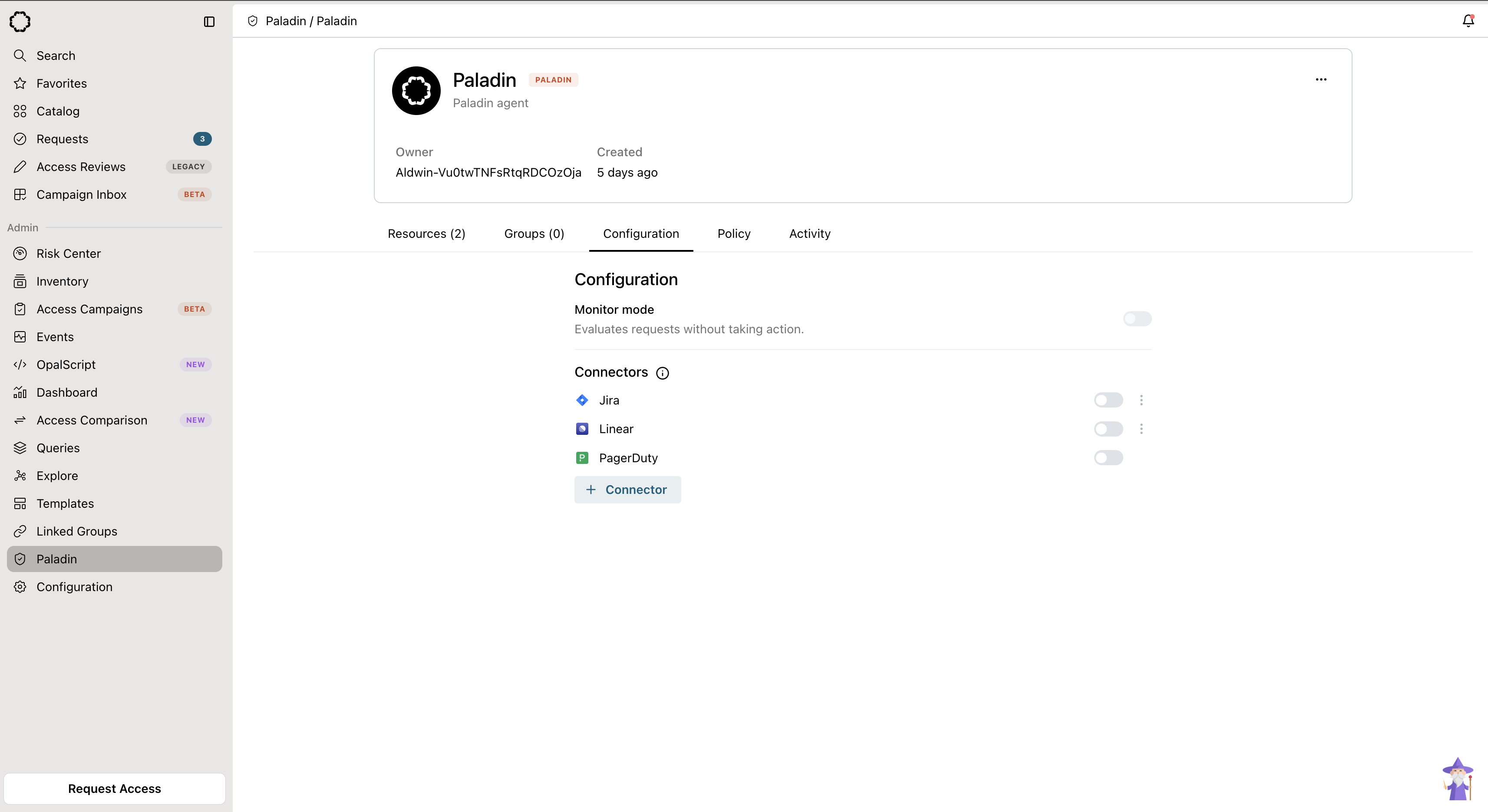 A Paladin agent's Configuration tab, showing the monitor mode toggle and the connector list.