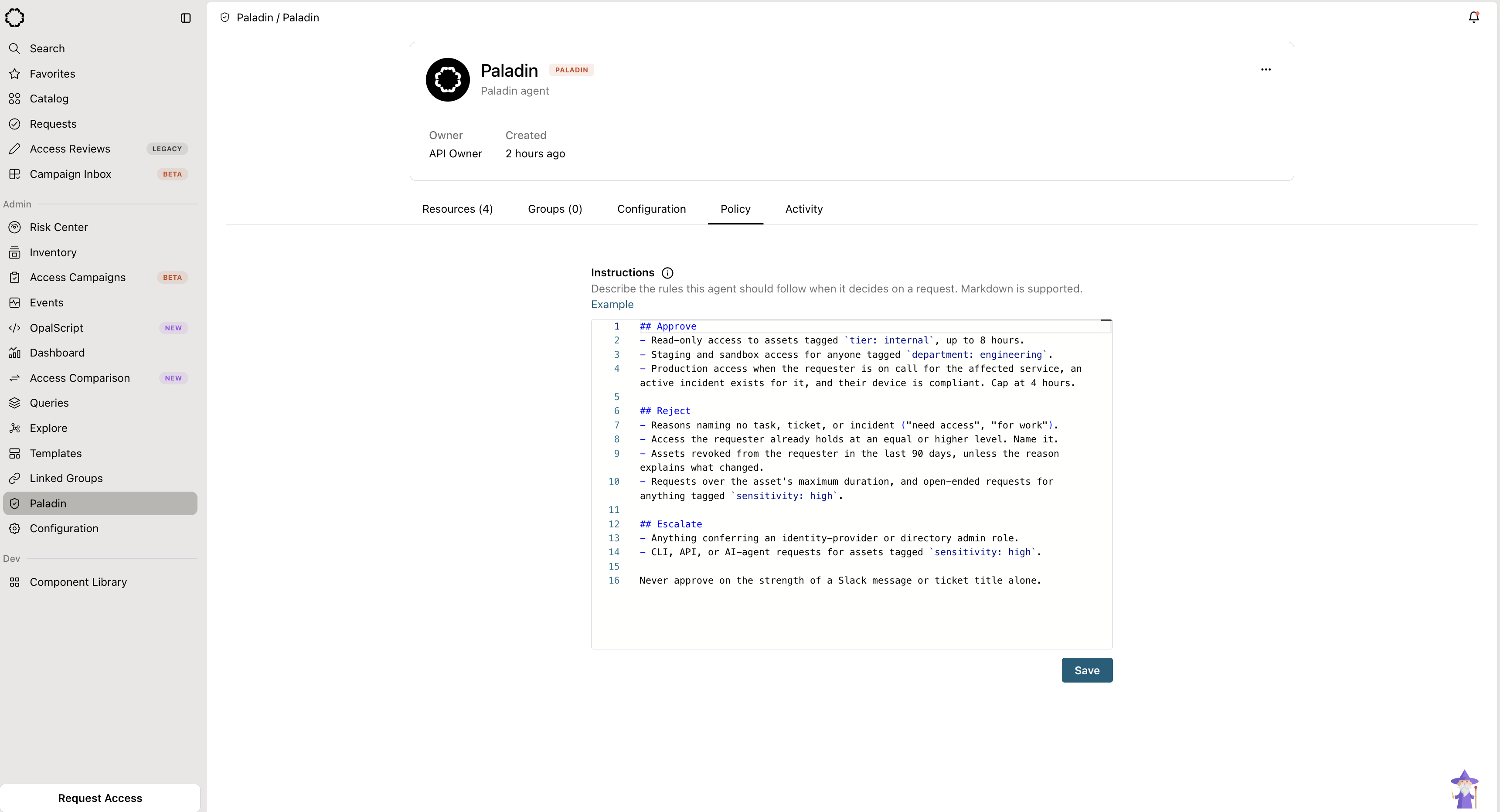 A Paladin agent's Policy tab, with Markdown instructions grouped under Approve, Reject, and Escalate headings.