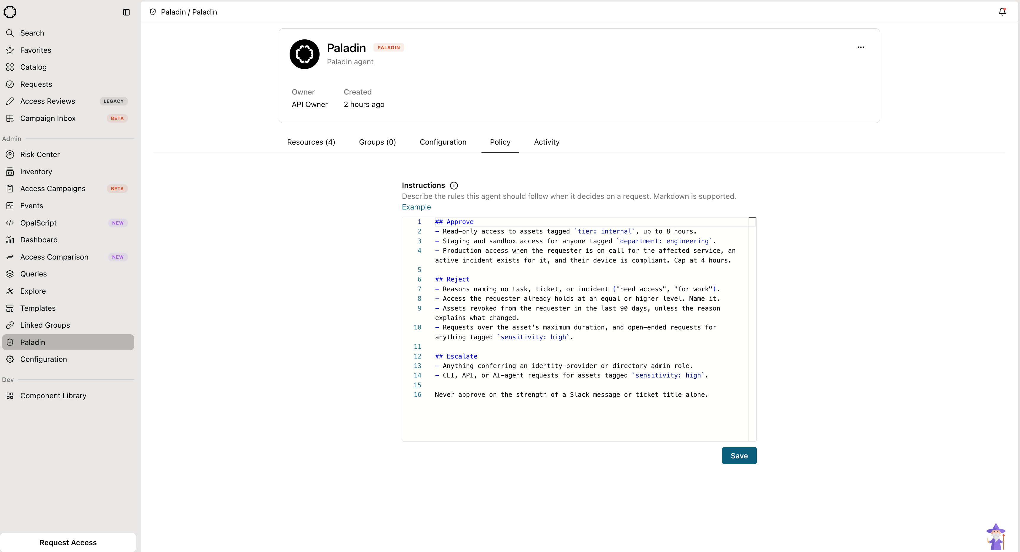 A Paladin agent's Policy tab, with Markdown instructions grouped under Approve, Reject, and Escalate headings.