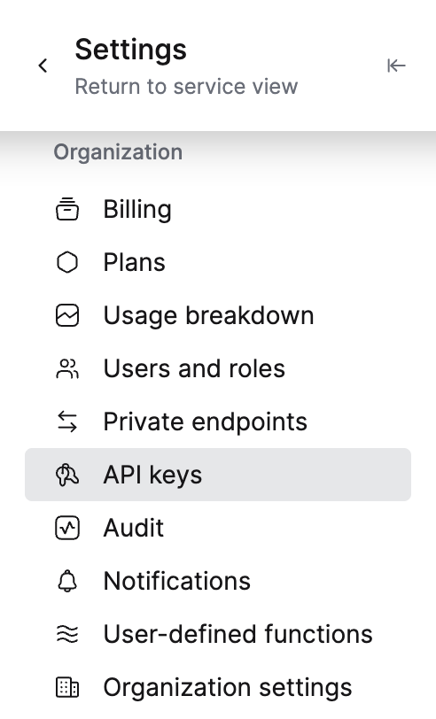 ClickHouse Cloud Settings sidebar with API keys selected