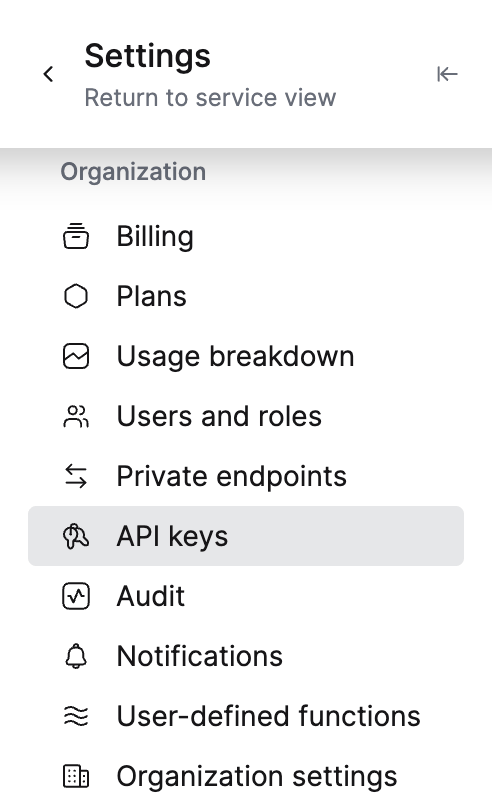 ClickHouse Cloud Settings sidebar with API keys selected