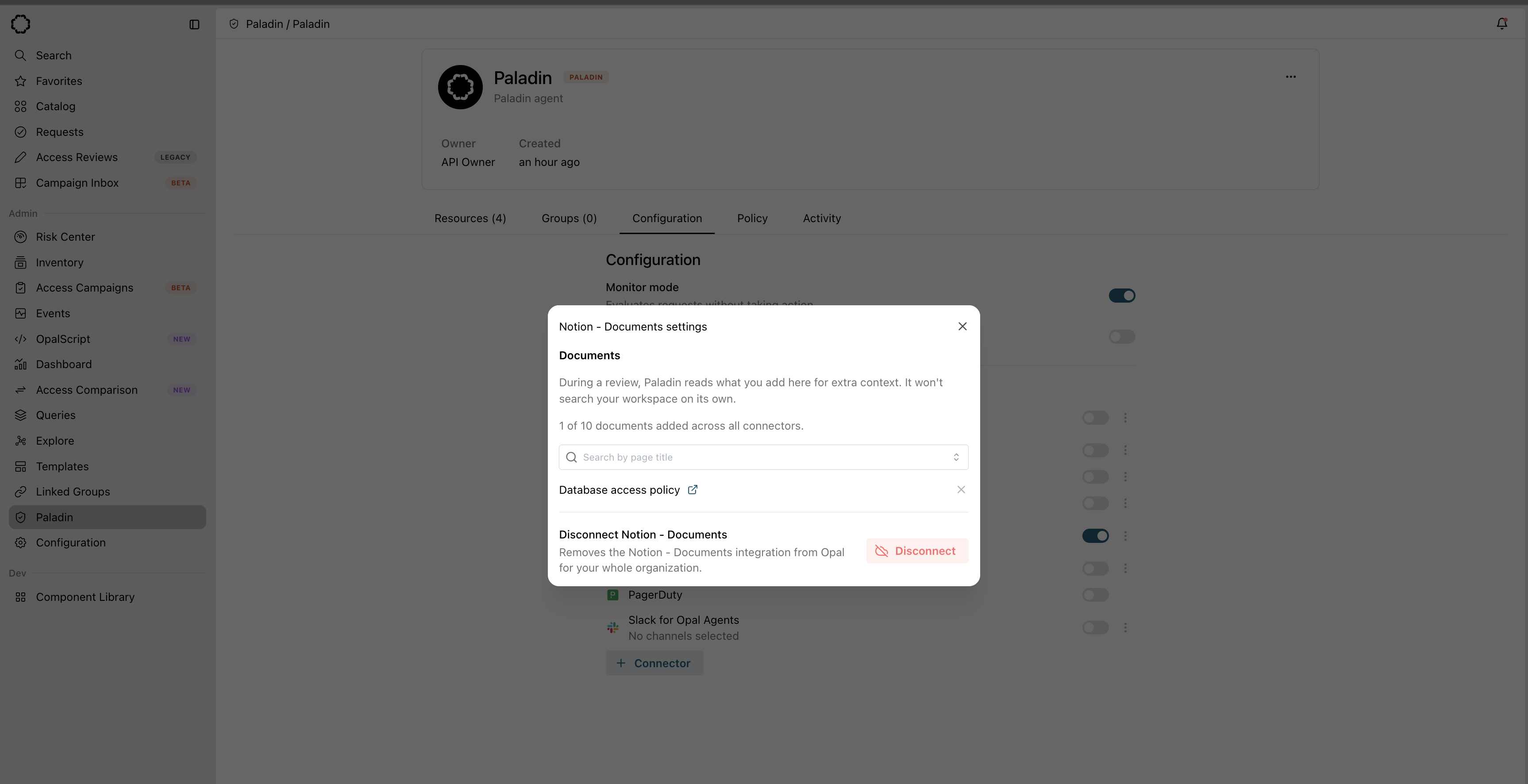 The Notion Documents settings dialog, adding specific pages for Paladin to read as context during a review.
