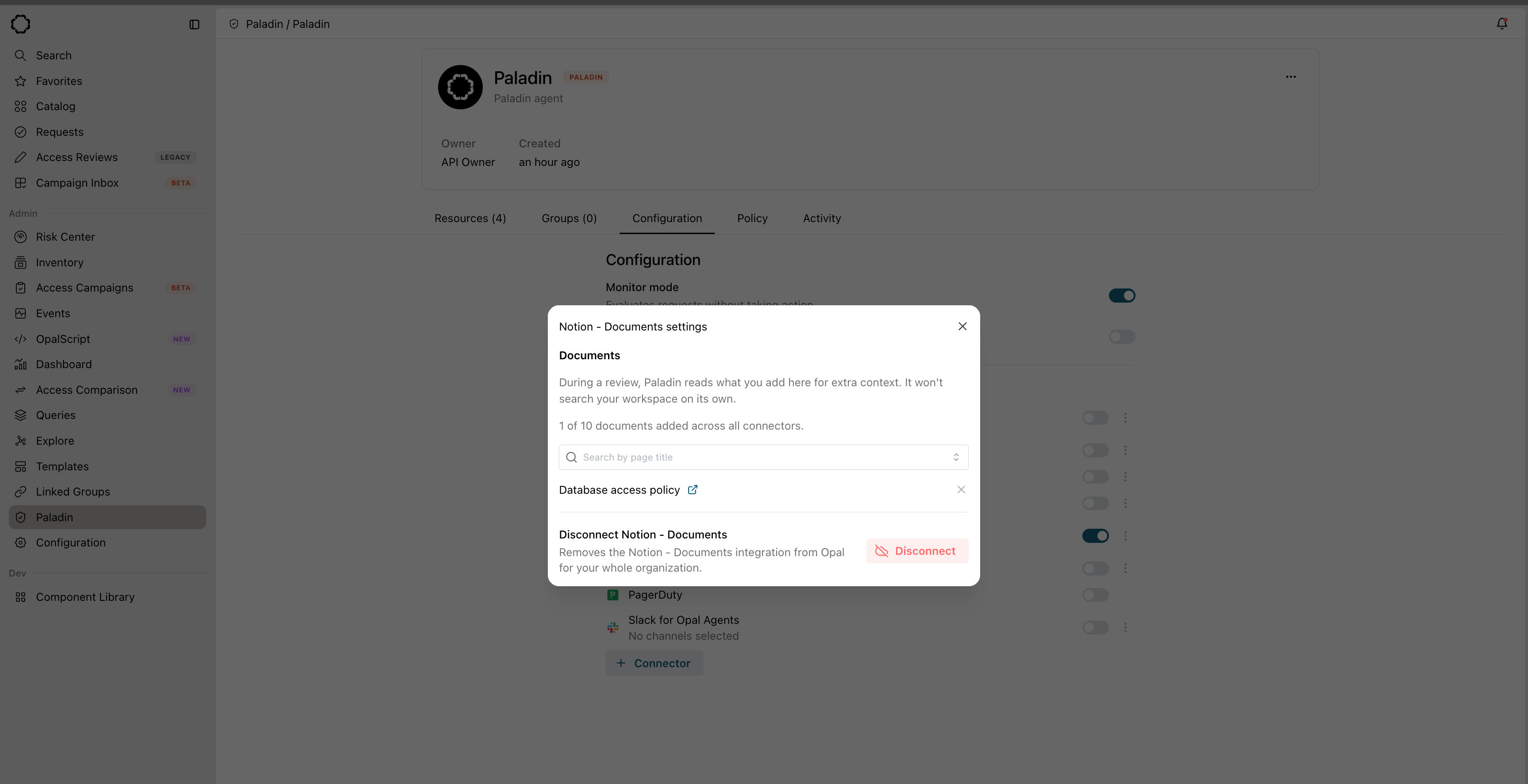 The Notion Documents settings dialog, adding specific pages for Paladin to read as context during a review.