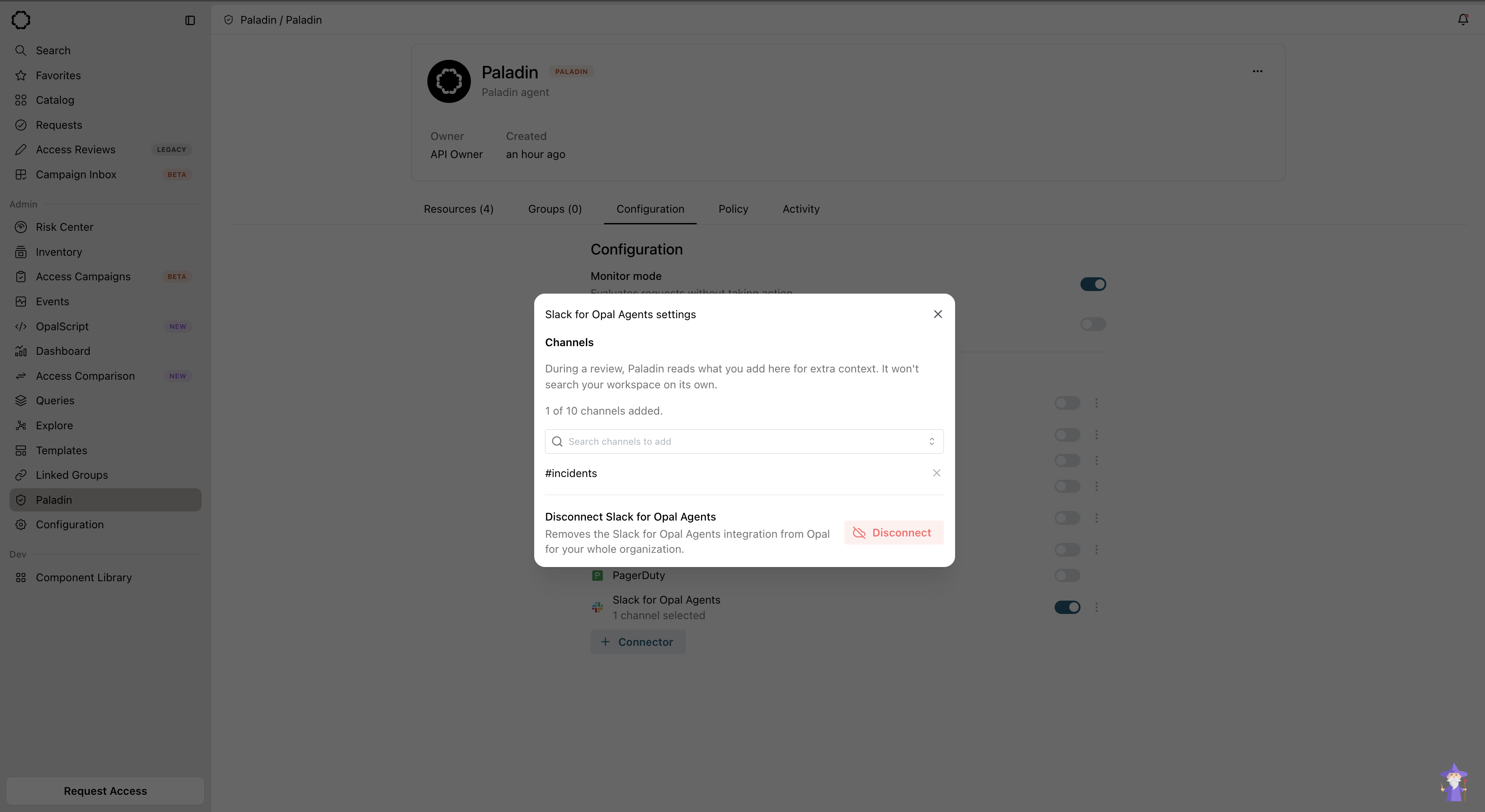 The Slack for Opal Agents settings dialog, adding specific channels for Paladin to read as context during a review.