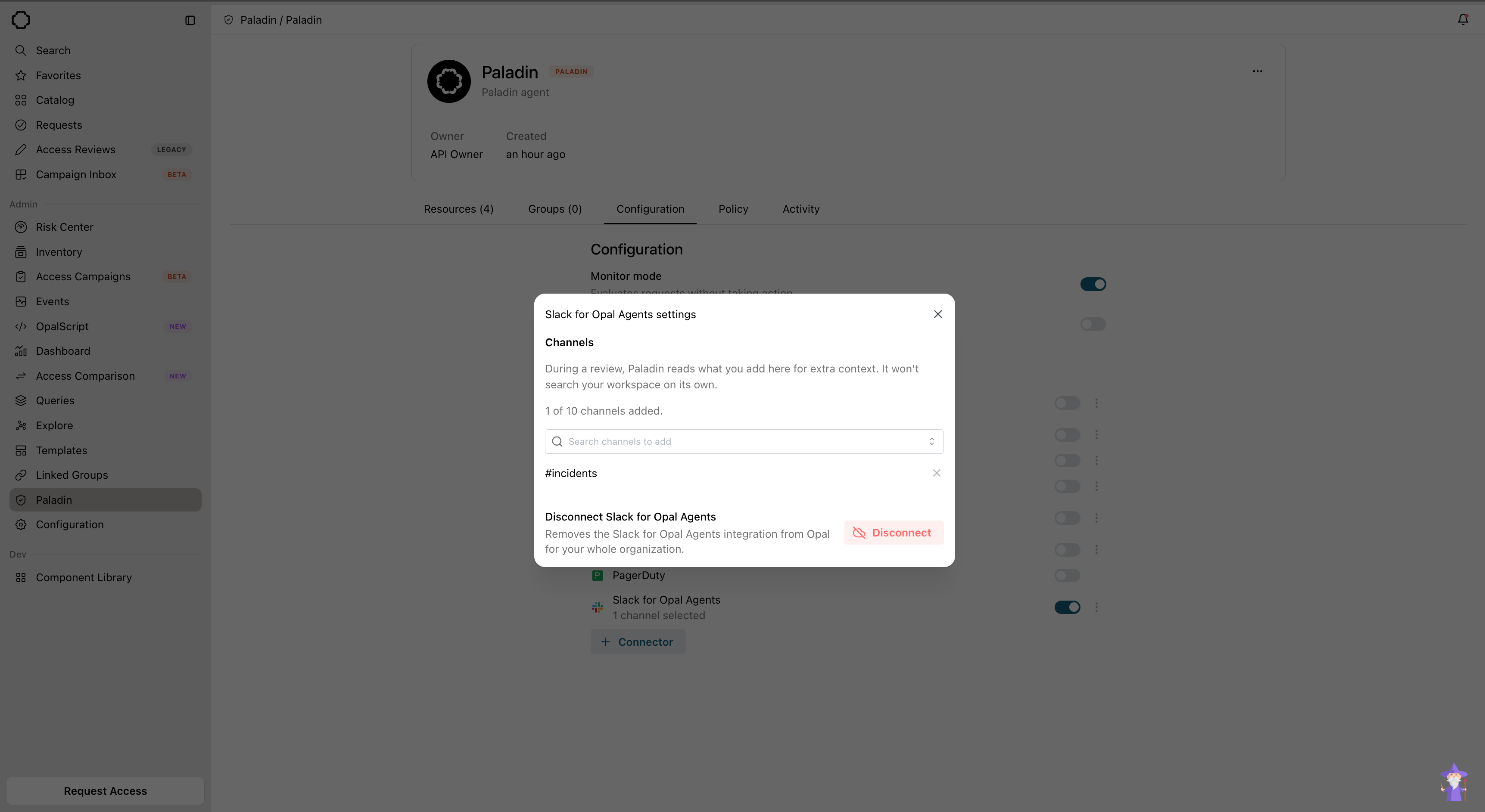 The Slack for Opal Agents settings dialog, adding specific channels for Paladin to read as context during a review.