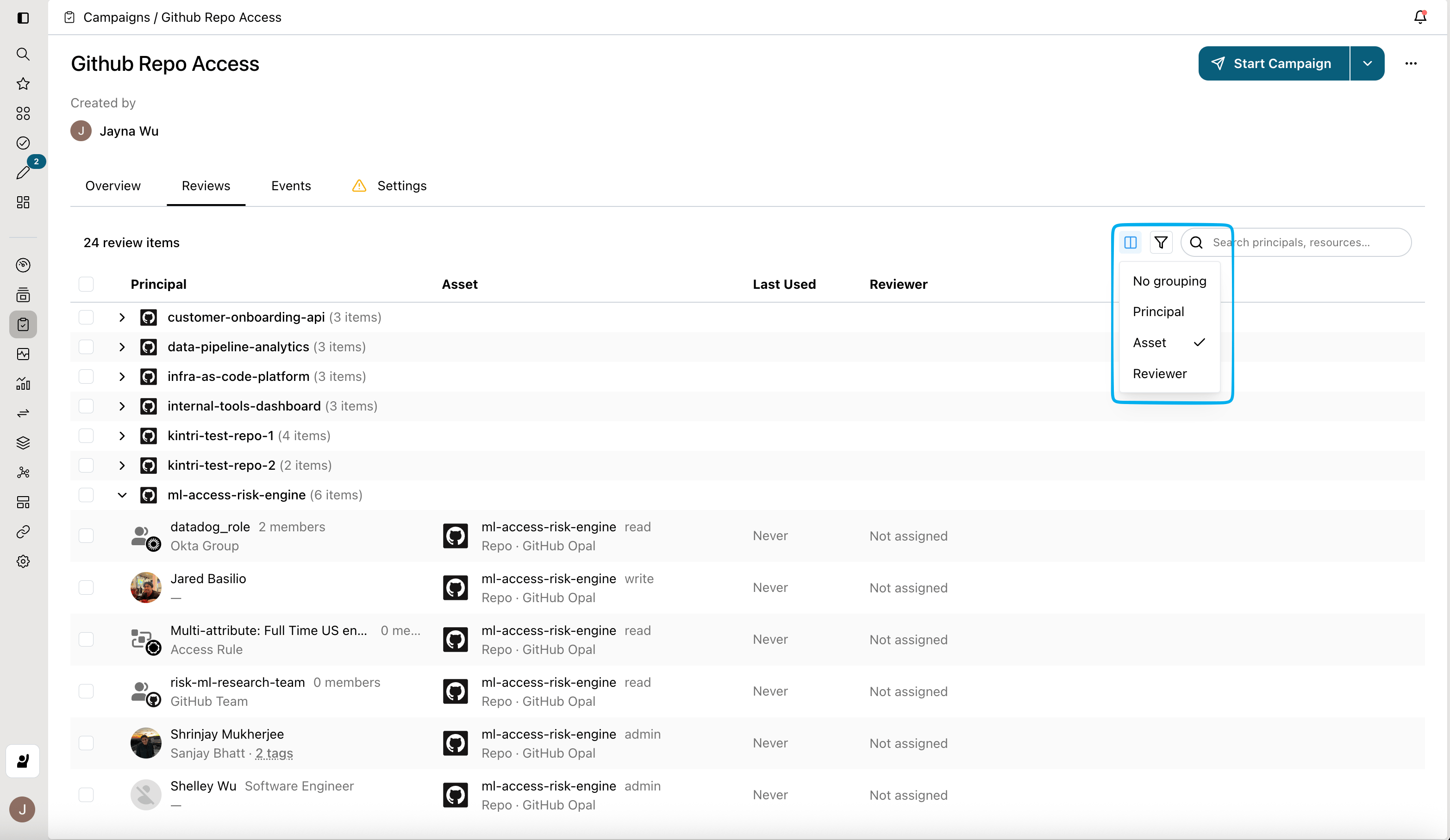 Group your reviews by principal, asset or reviewer.