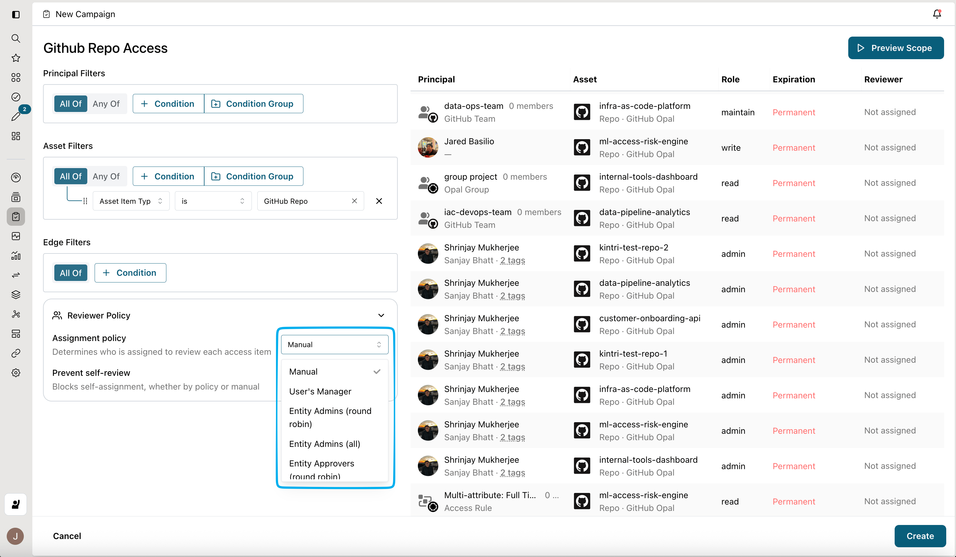 Selecting a reviewer assignment policy with the preview table.