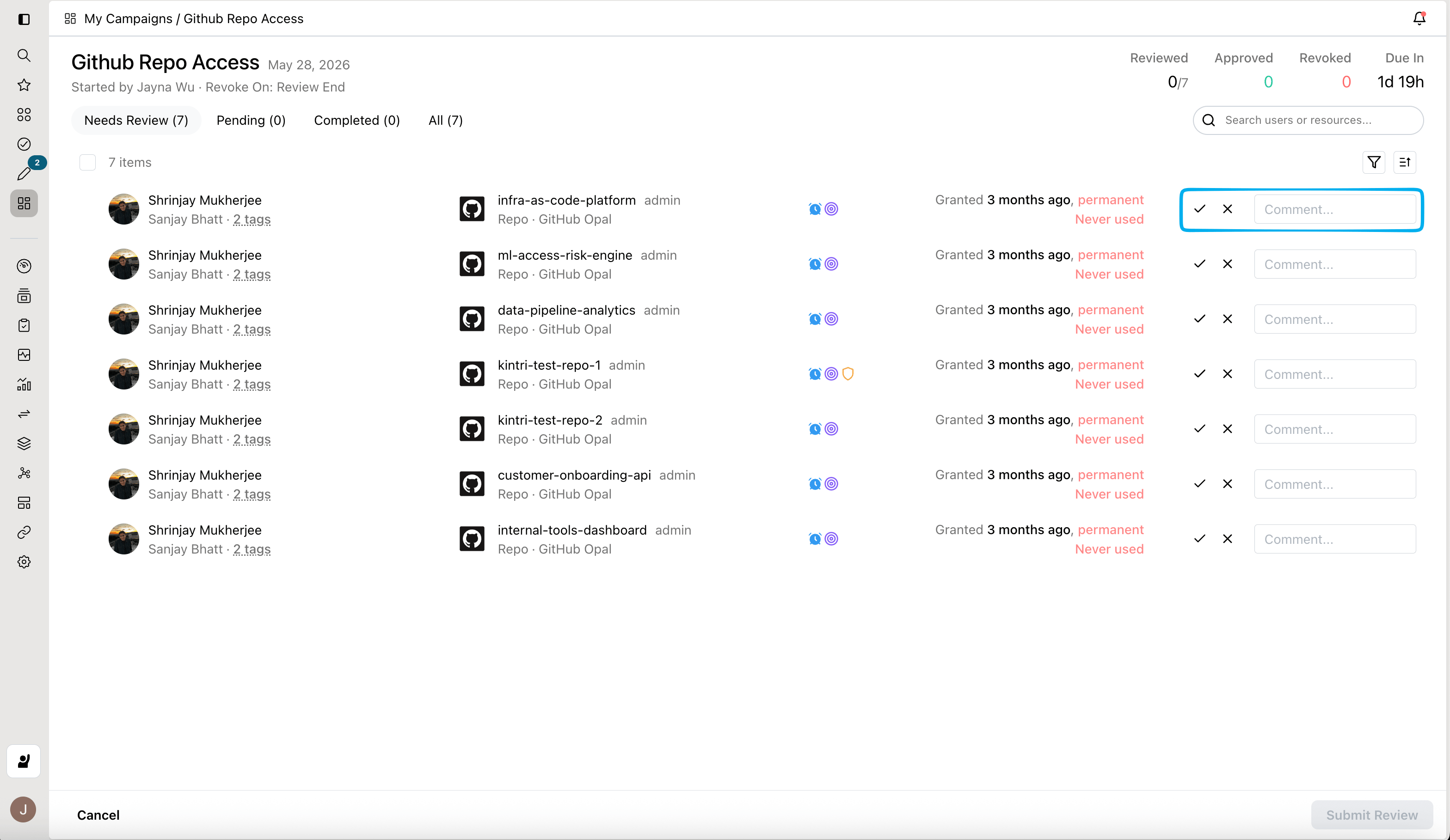 Reviewing items in a campaign with approve, revoke, and comment controls.