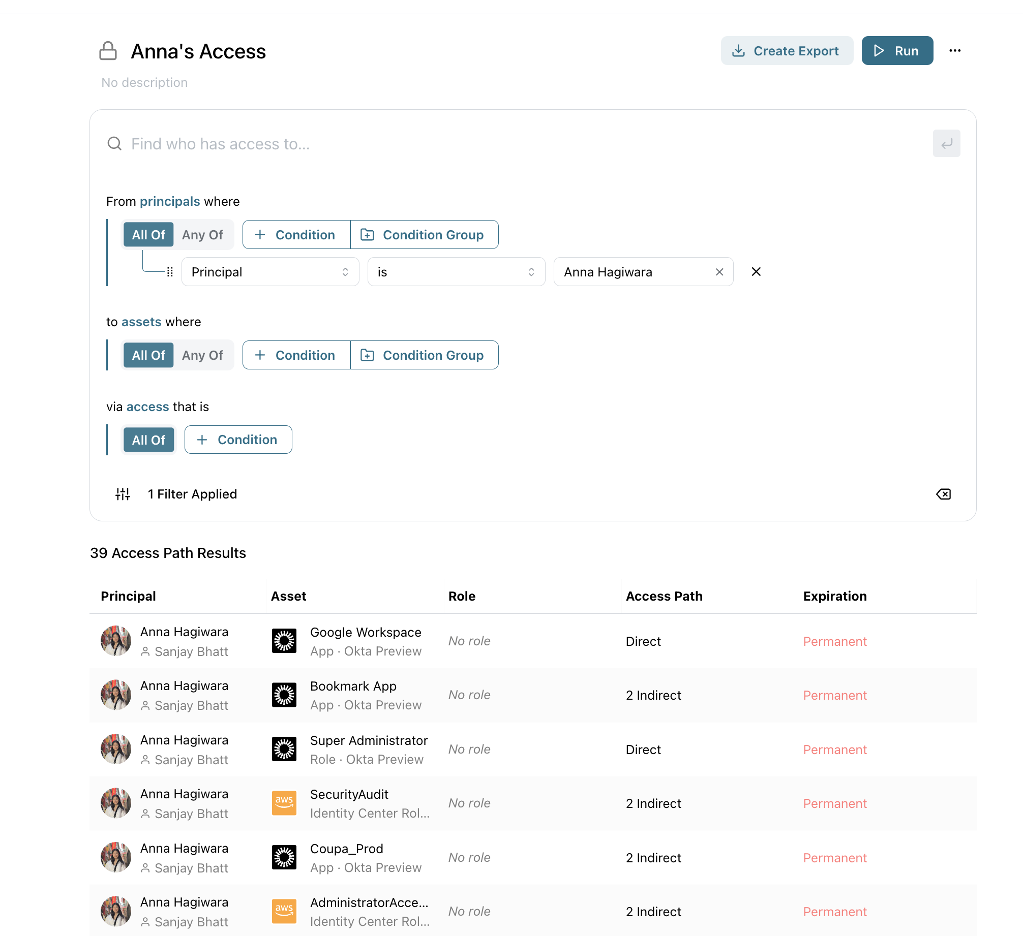 Access query builder with the Principal set to one user and the asset side left blank, above an Access Path Results table listing assets, roles, and direct or indirect access.