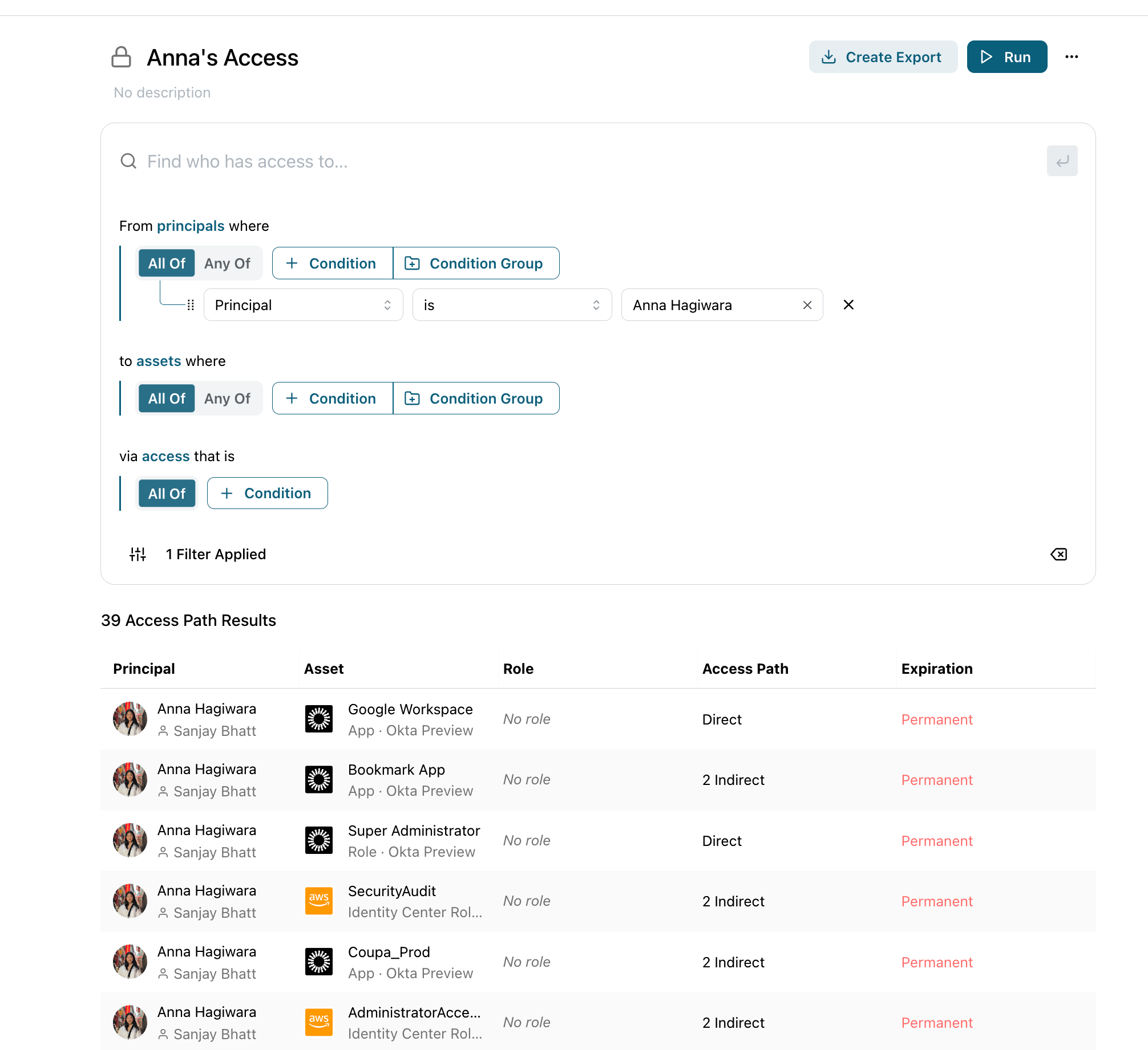 Access query builder with the Principal set to one user and the asset side left blank, above an Access Path Results table listing assets, roles, and direct or indirect access.