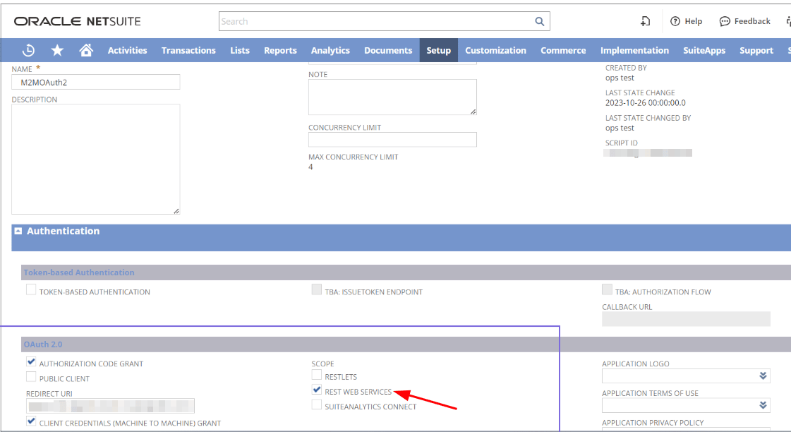 NetSuite integration record showing REST Web Services scope checked under OAuth 2.0