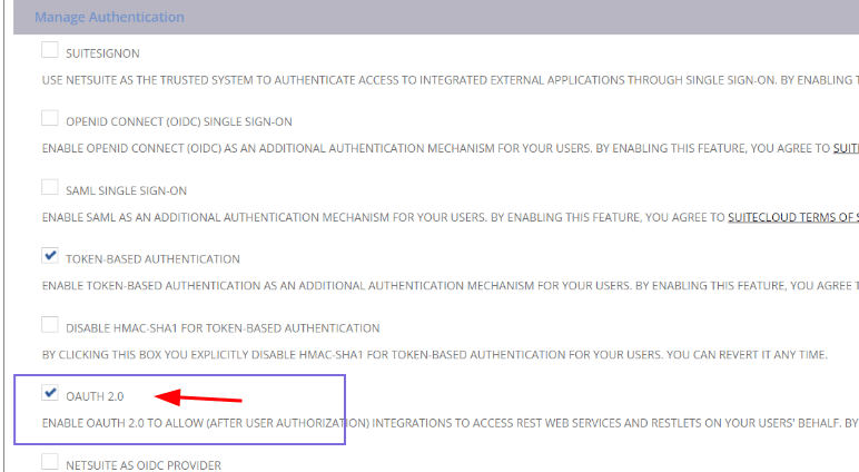 NetSuite SuiteCloud tab with OAuth 2.0 checked under Manage Authentication