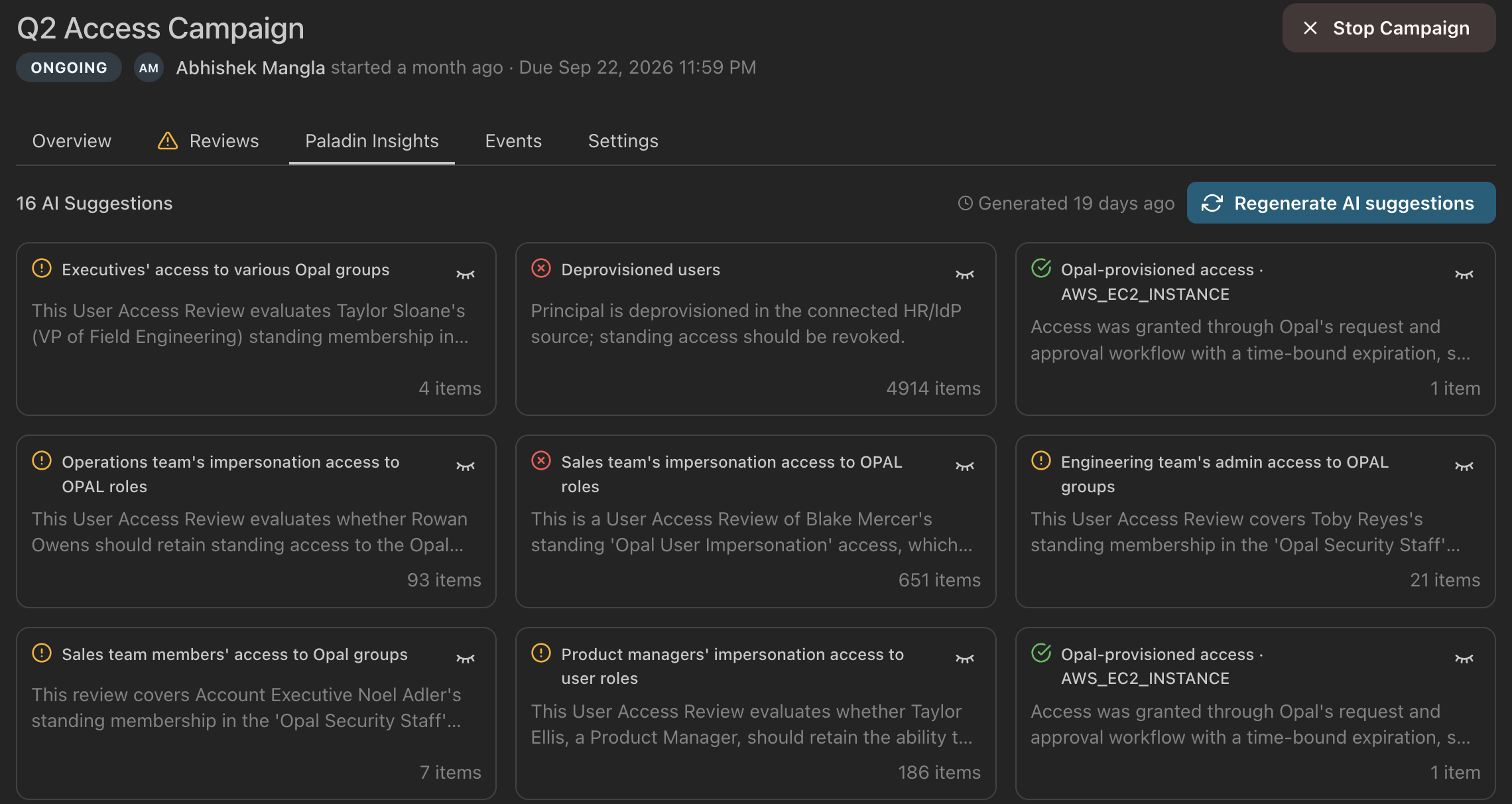 The Paladin Insights tab showing a grid of suggestion cards, each with a label, a suggested decision, and an item count.