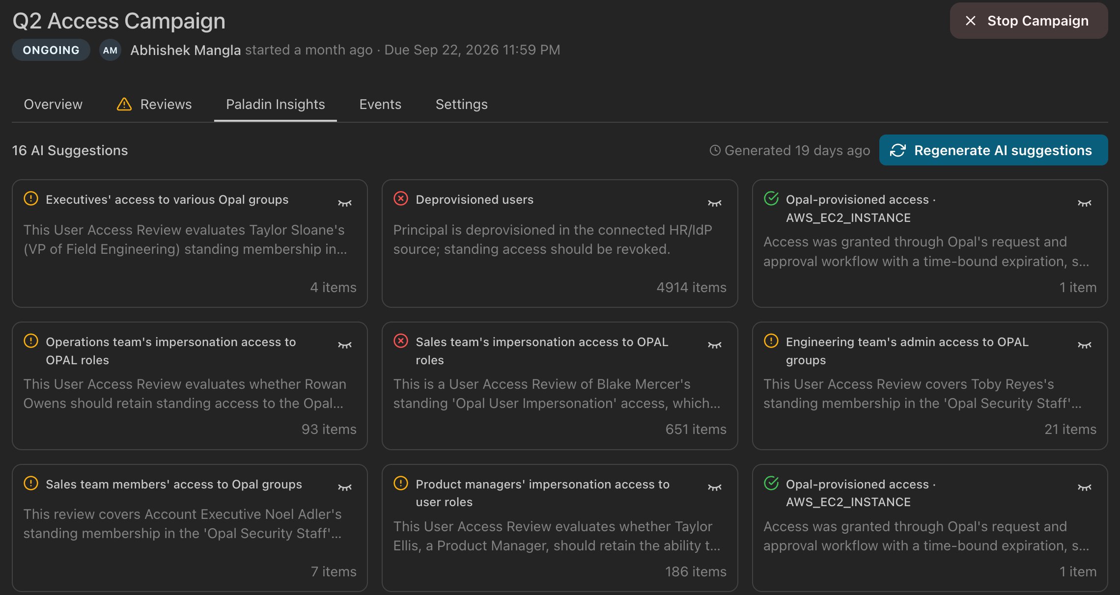 The Paladin Insights tab showing a grid of suggestion cards, each with a label, a suggested decision, and an item count.