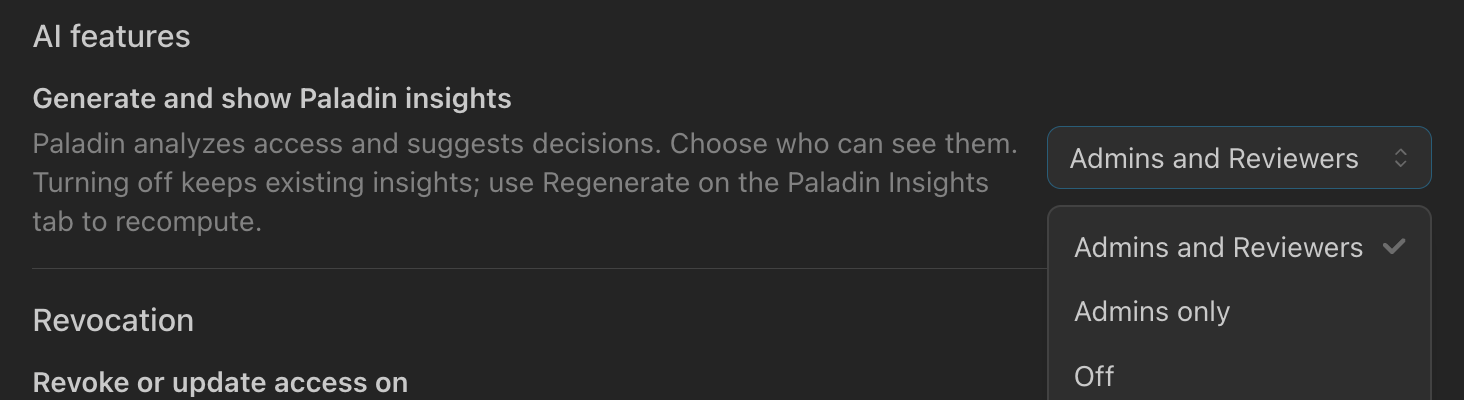 The campaign Settings tab with the Generate and show Paladin insights dropdown open, showing Admins and Reviewers, Admins only, and Off.