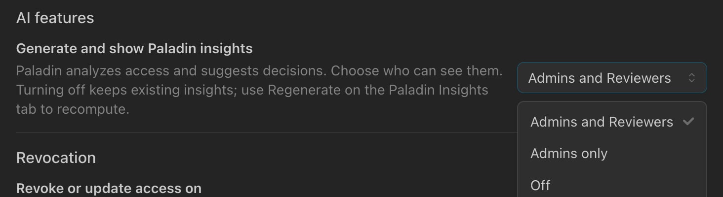 The campaign Settings tab with the Generate and show Paladin insights dropdown open, showing Admins and Reviewers, Admins only, and Off.