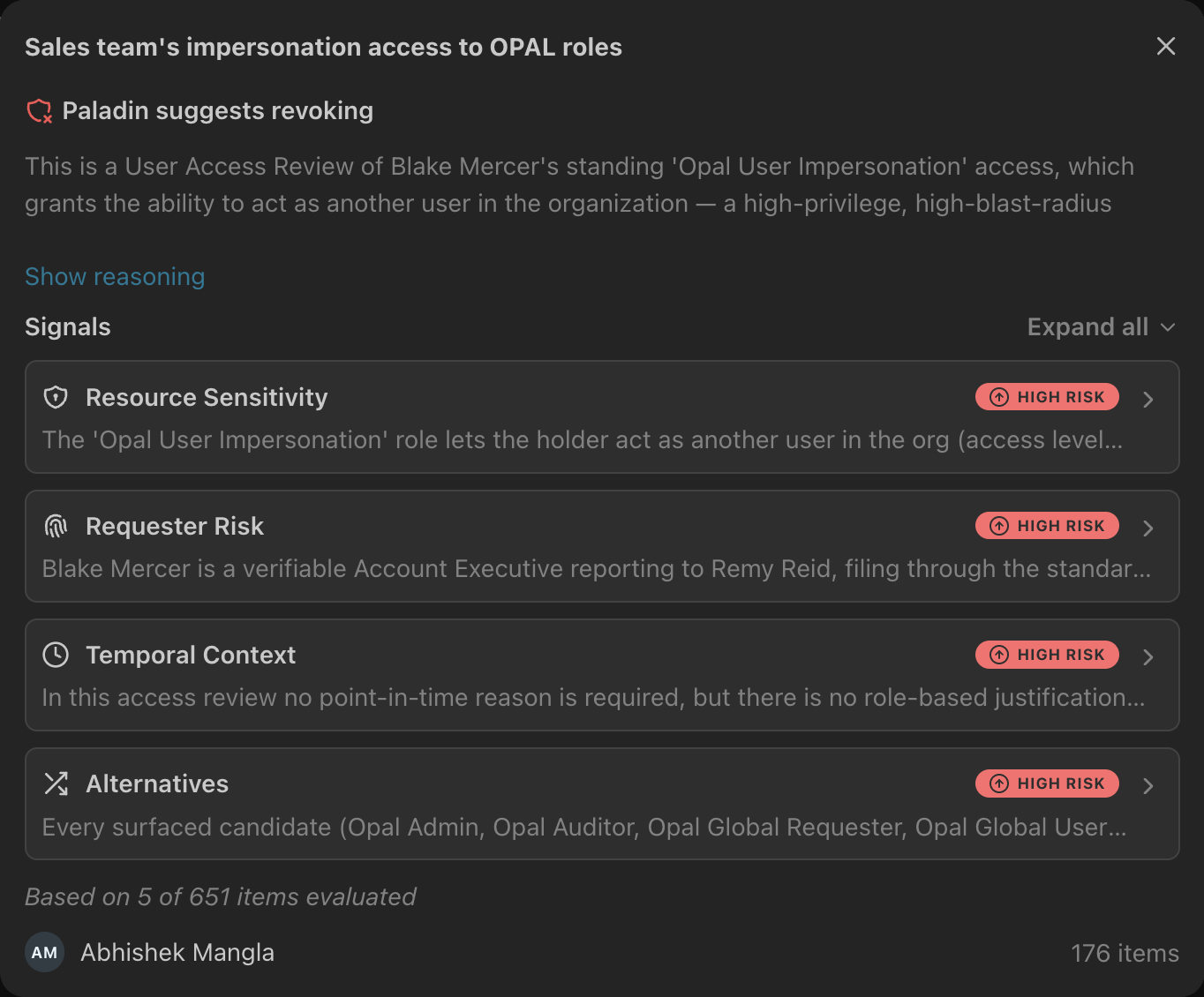 A suggestion's details, with a summary, four risk signals, and the number of items evaluated.