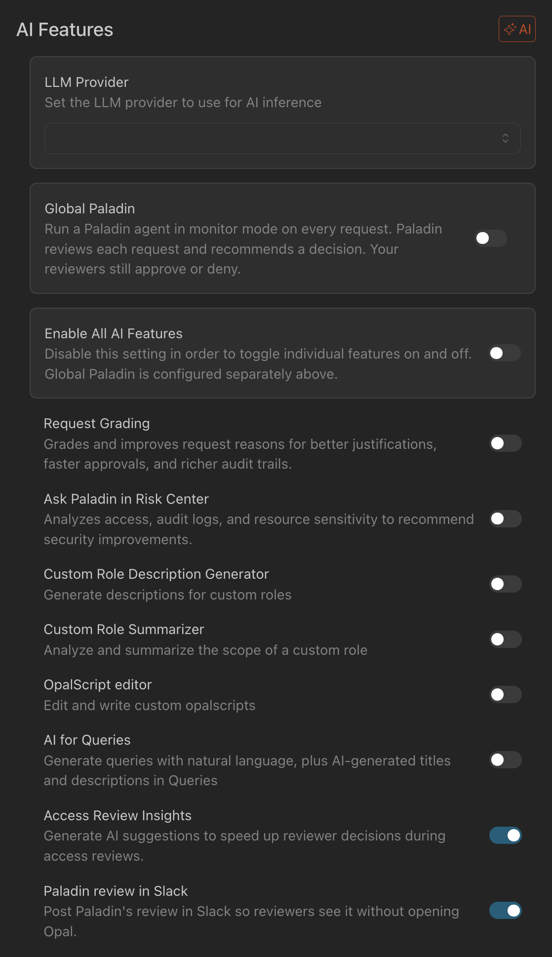 The AI Features settings page with the Access Review Insights toggle turned on.