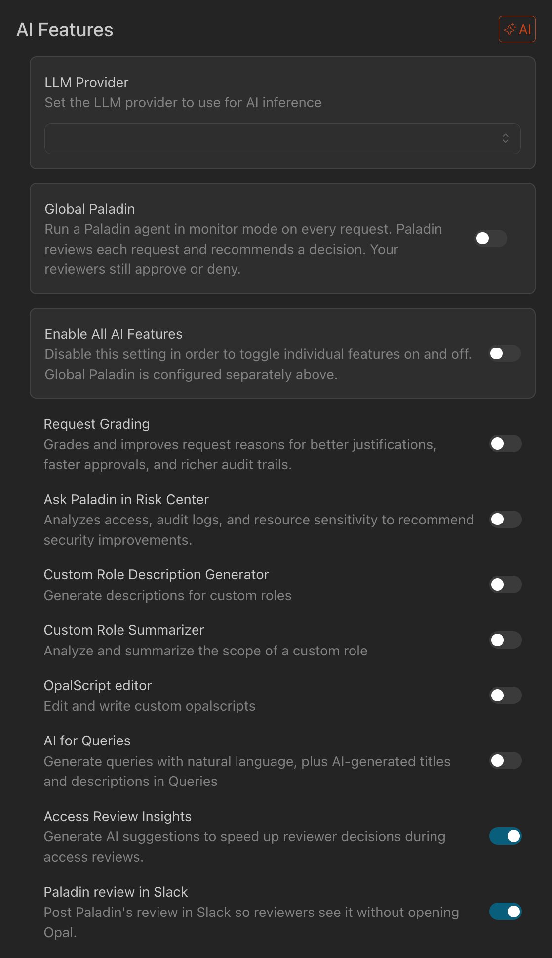 The AI Features settings page with the Access Review Insights toggle turned on.