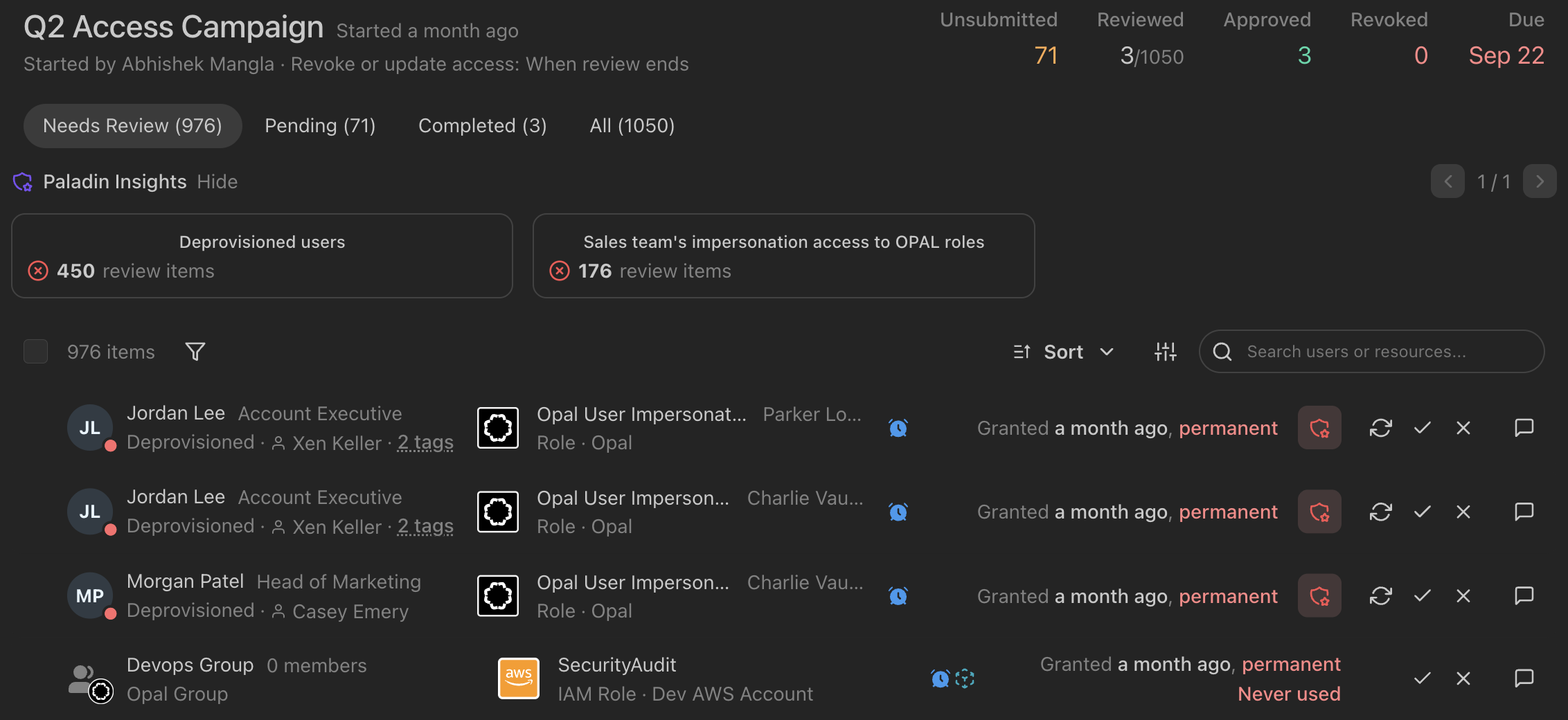 A reviewer's campaign page with the Paladin Insights bar showing suggestion cards above the list of review items.