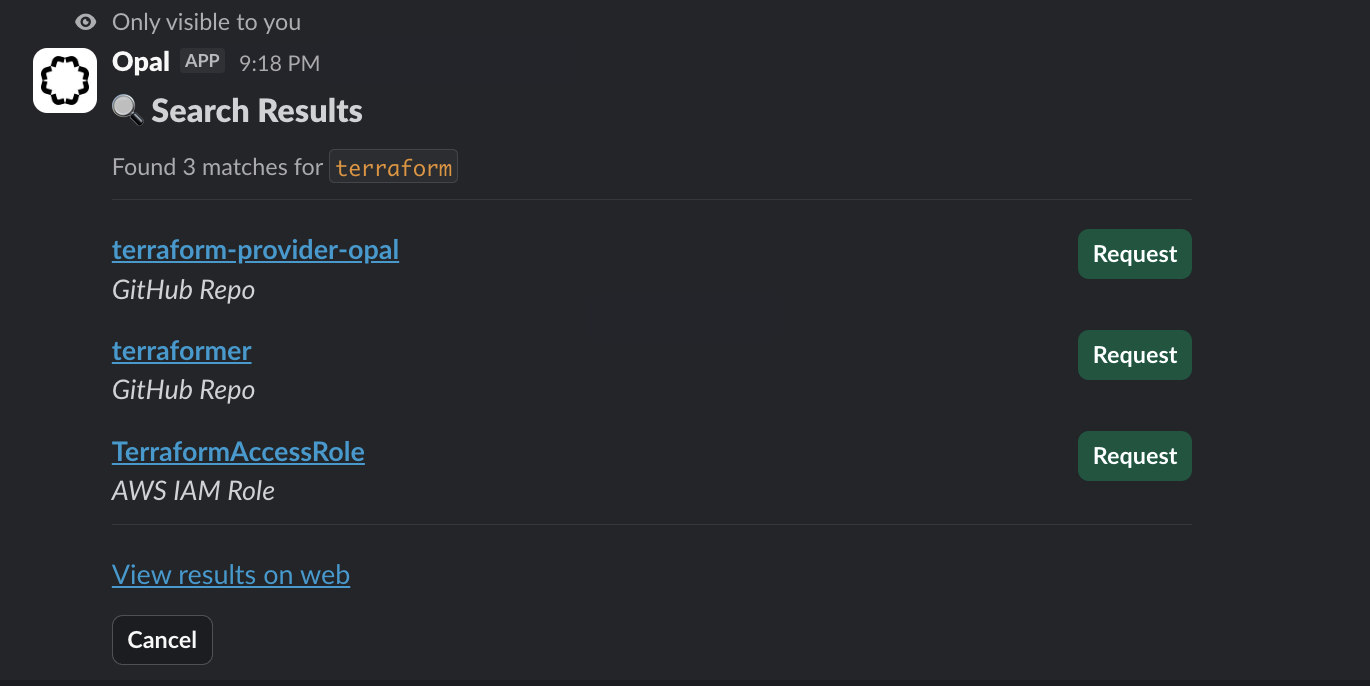 Example of the /opal search command in Slack
