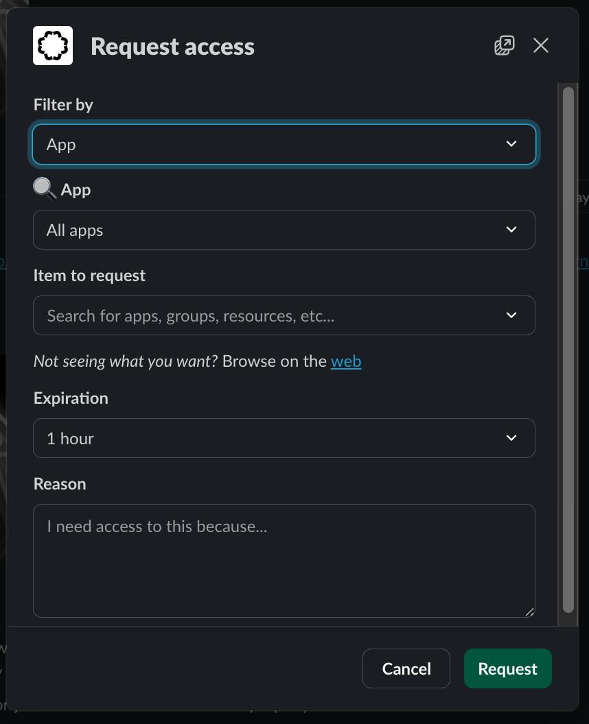 Image of full request modal in Slack