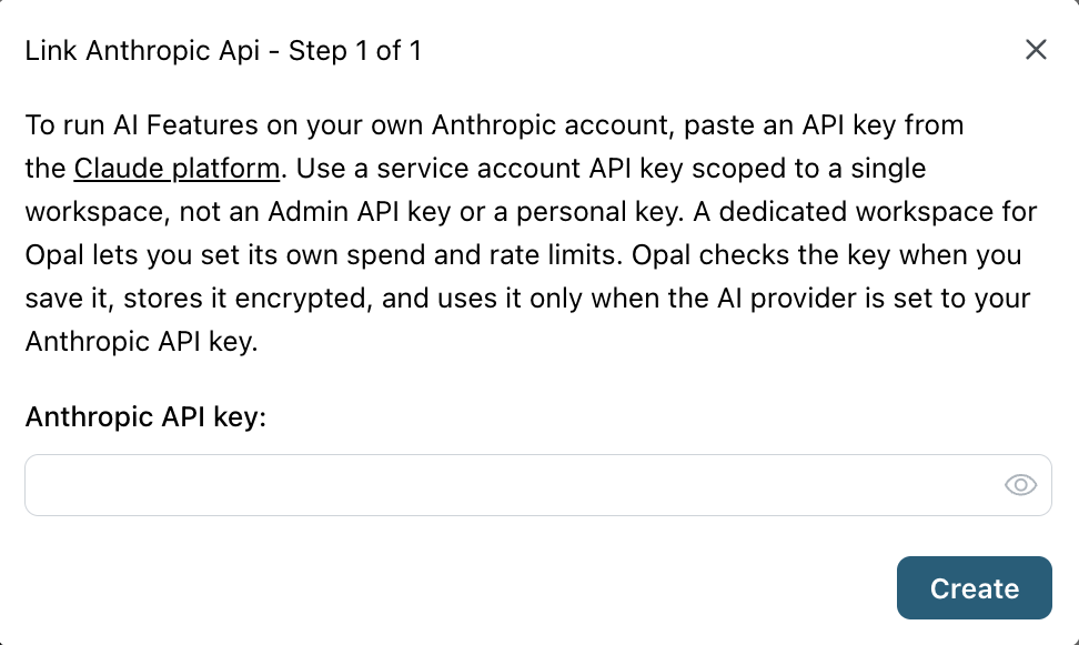 The Link Anthropic API dialog, with a field for the Anthropic API key and a Create button.