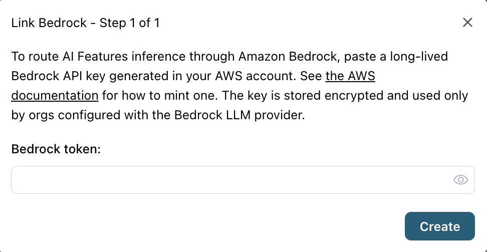 The Link Bedrock dialog, with a field for the Bedrock token and a Create button.