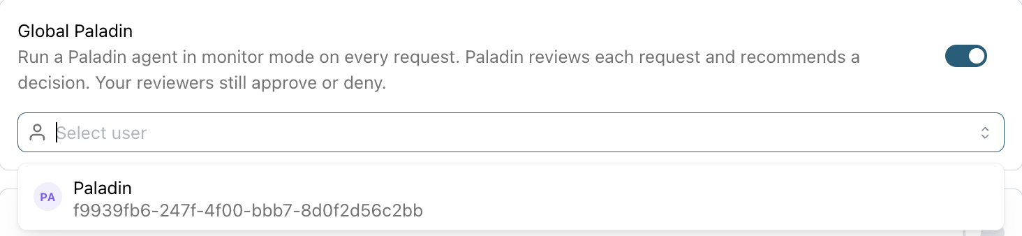 The Global Paladin setting in AI Features, switched on, with an agent picker listing the Paladin agent.