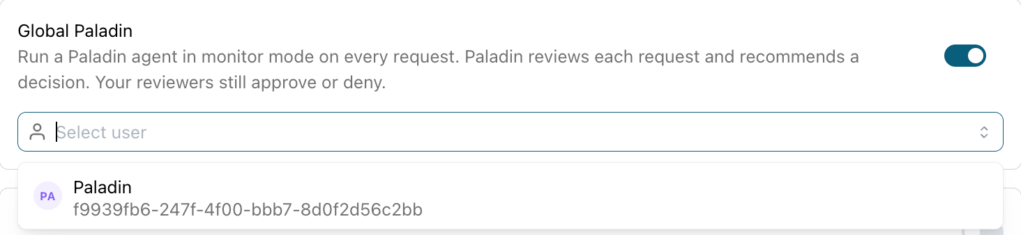 The Global Paladin setting in AI Features, switched on, with an agent picker listing the Paladin agent.