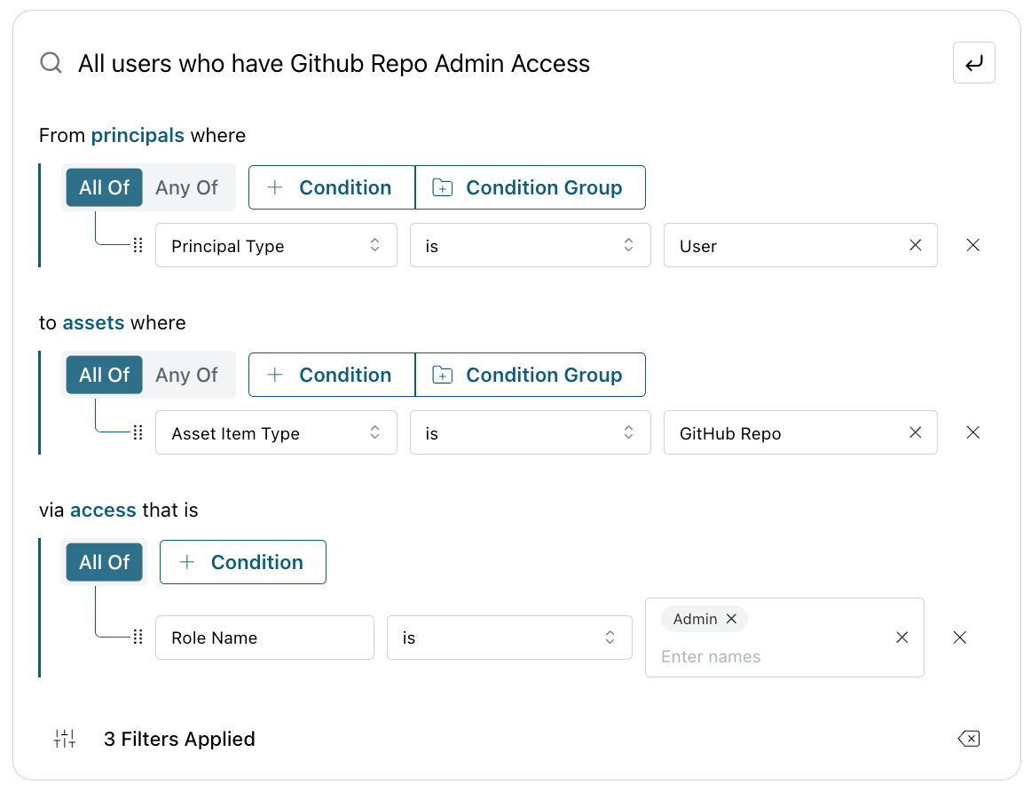 Picture showing how to scope down to all users who have github repo admin access. It shows principal type = users, asset item type = github repo, and role = Admin.