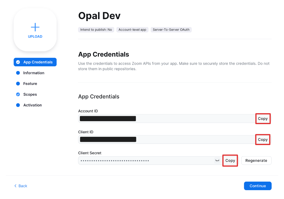The App Credentials step of a Zoom Server-to-Server OAuth app, with a Copy button beside the Account ID, Client ID, and Client Secret fields.