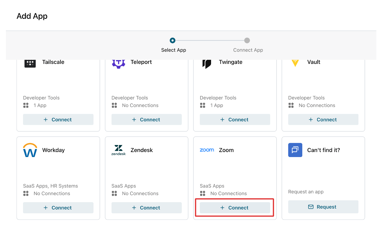 Opal's Add App picker, with the Connect button on the Zoom tile highlighted.