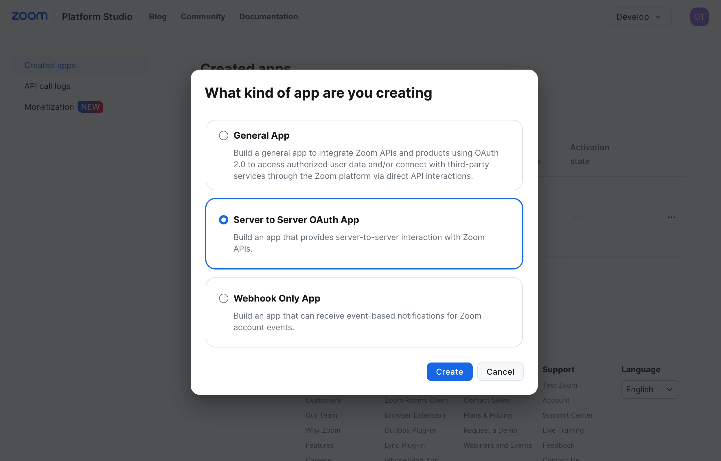 Zoom's "What kind of app are you creating" dialog with "Server to Server OAuth App" selected.