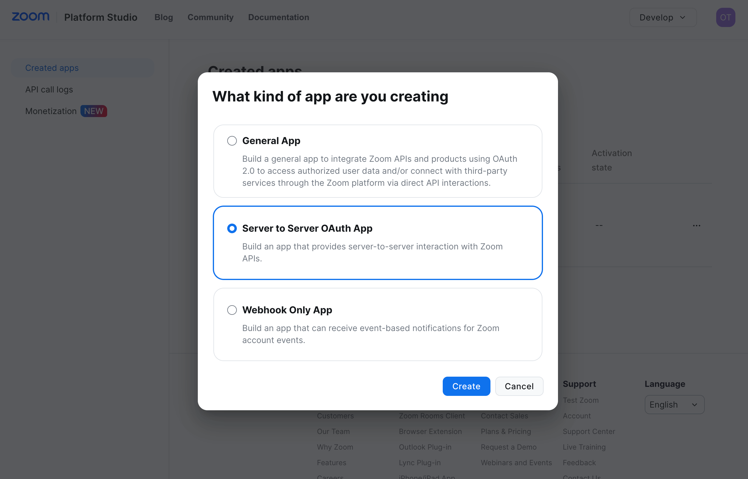 Zoom's "What kind of app are you creating" dialog with "Server to Server OAuth App" selected.