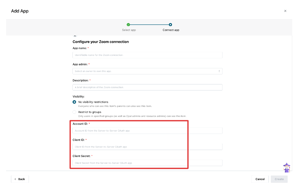 Opal's "Configure your Zoom connection" form, with the Account ID, Client ID, and Client Secret fields highlighted.