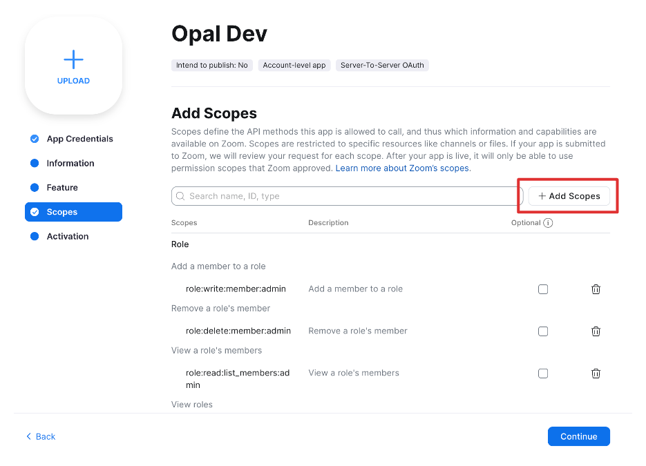 The Scopes step of a Zoom Server-to-Server OAuth app, with the "Add Scopes" button highlighted and role scopes already added.