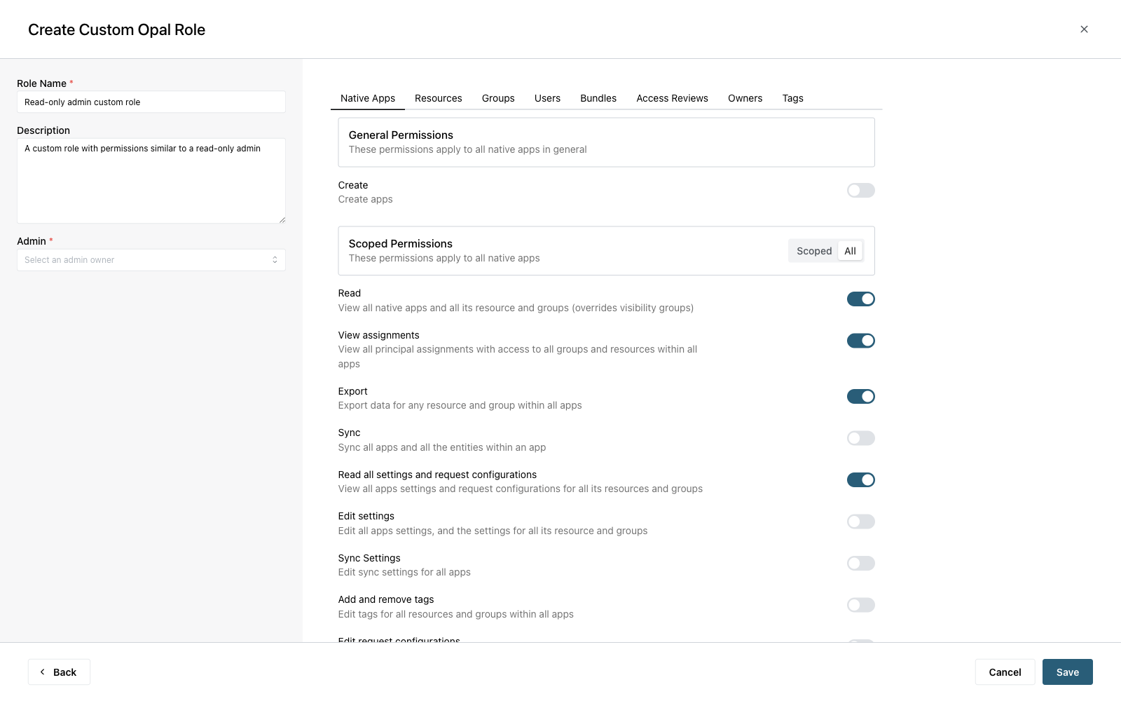 The permissions step of the create custom role flow, showing the asset type tabs and the general and scoped permission sections