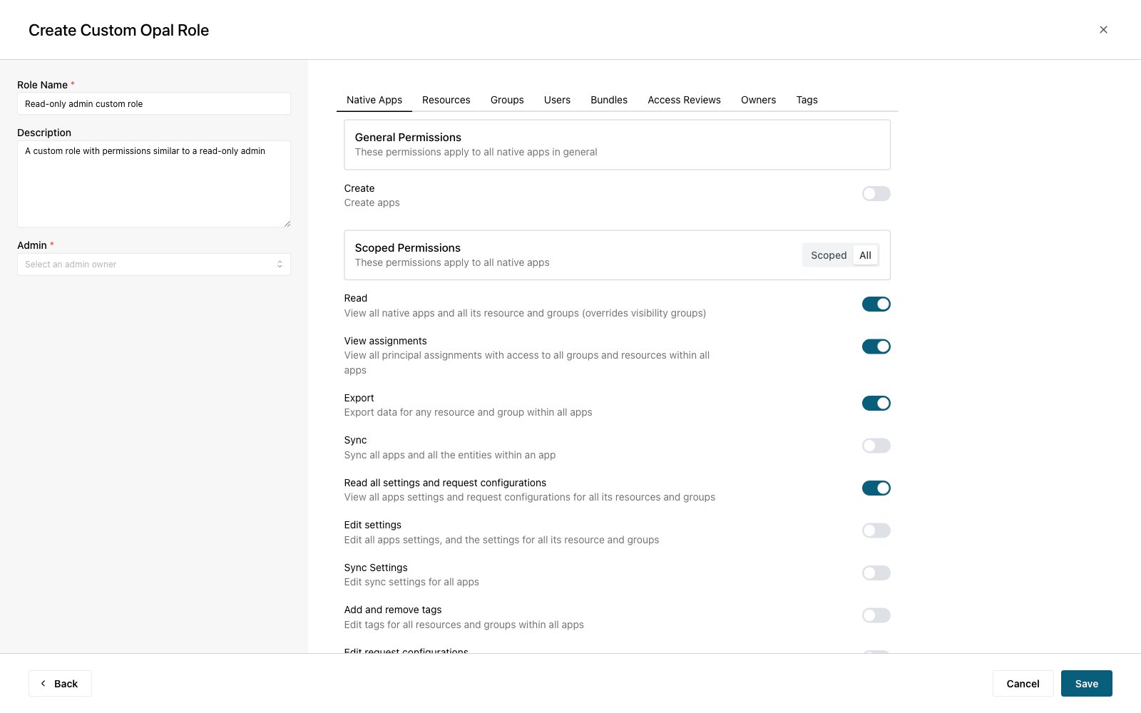 The permissions step of the create custom role flow, showing the asset type tabs and the general and scoped permission sections
