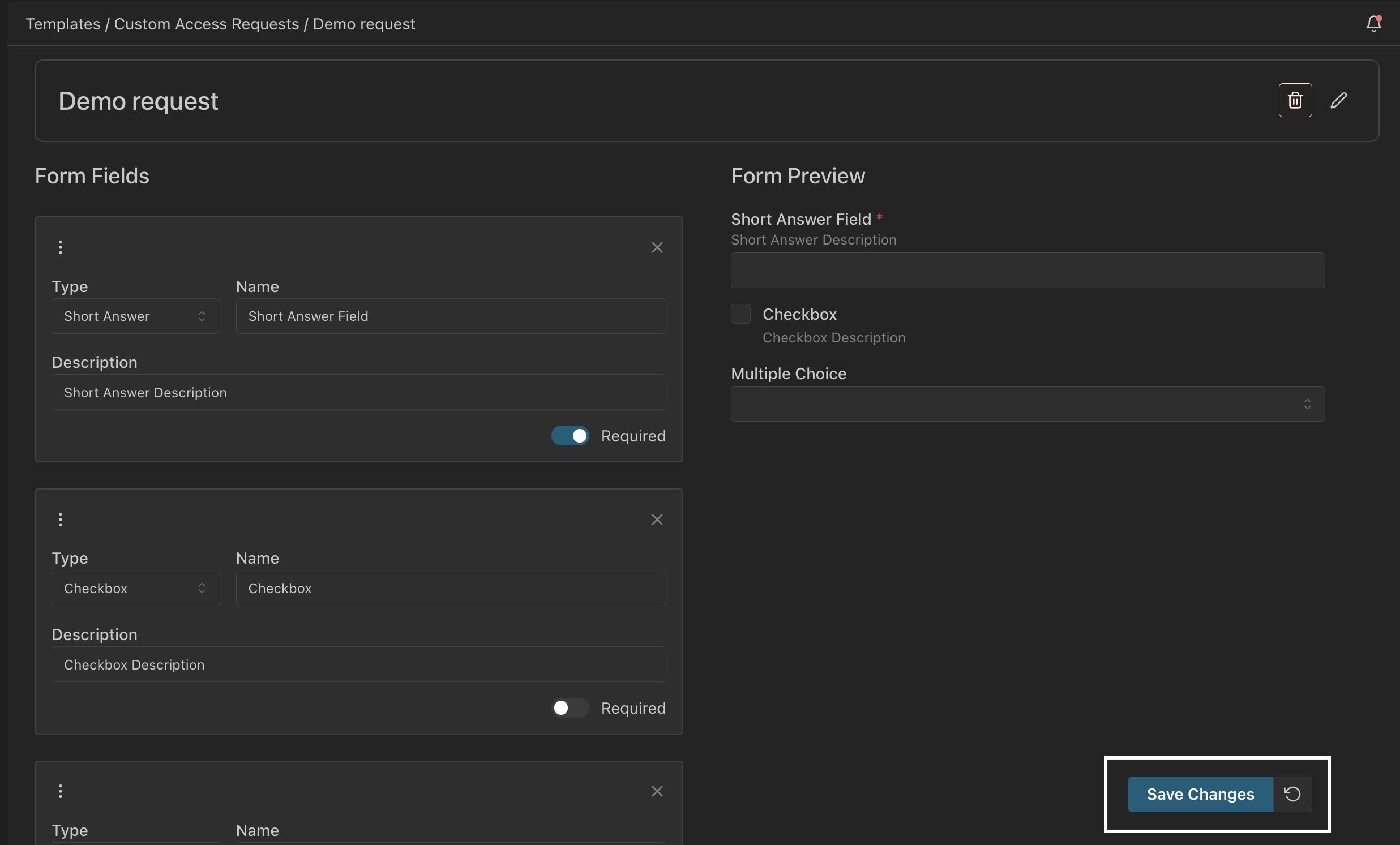 Form preview for a custom access request template