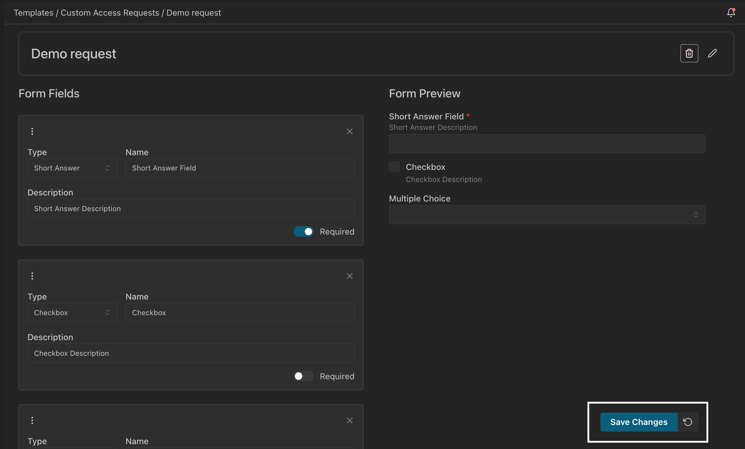 Form preview for a custom access request template