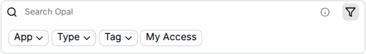 Opal Search page with App, Type, Tag, and My Access filter pills.