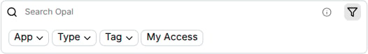 Opal Search page with App, Type, Tag, and My Access filter pills.