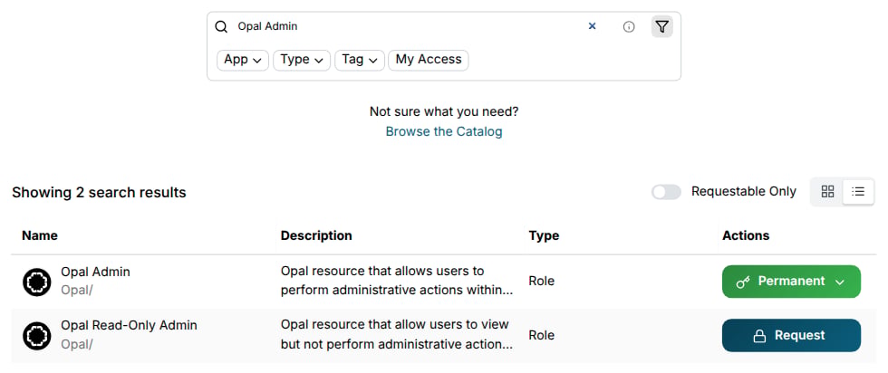 Search results list with the item name, description, type, and an action.