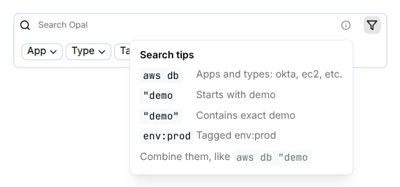 Search tips popup showing example queries like aws db, quoted prefix match, and env:prod.
