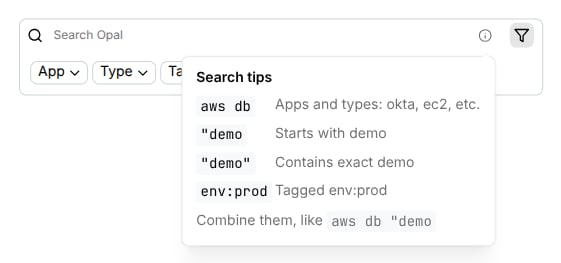 Search tips popup showing example queries like aws db, quoted prefix match, and env:prod.