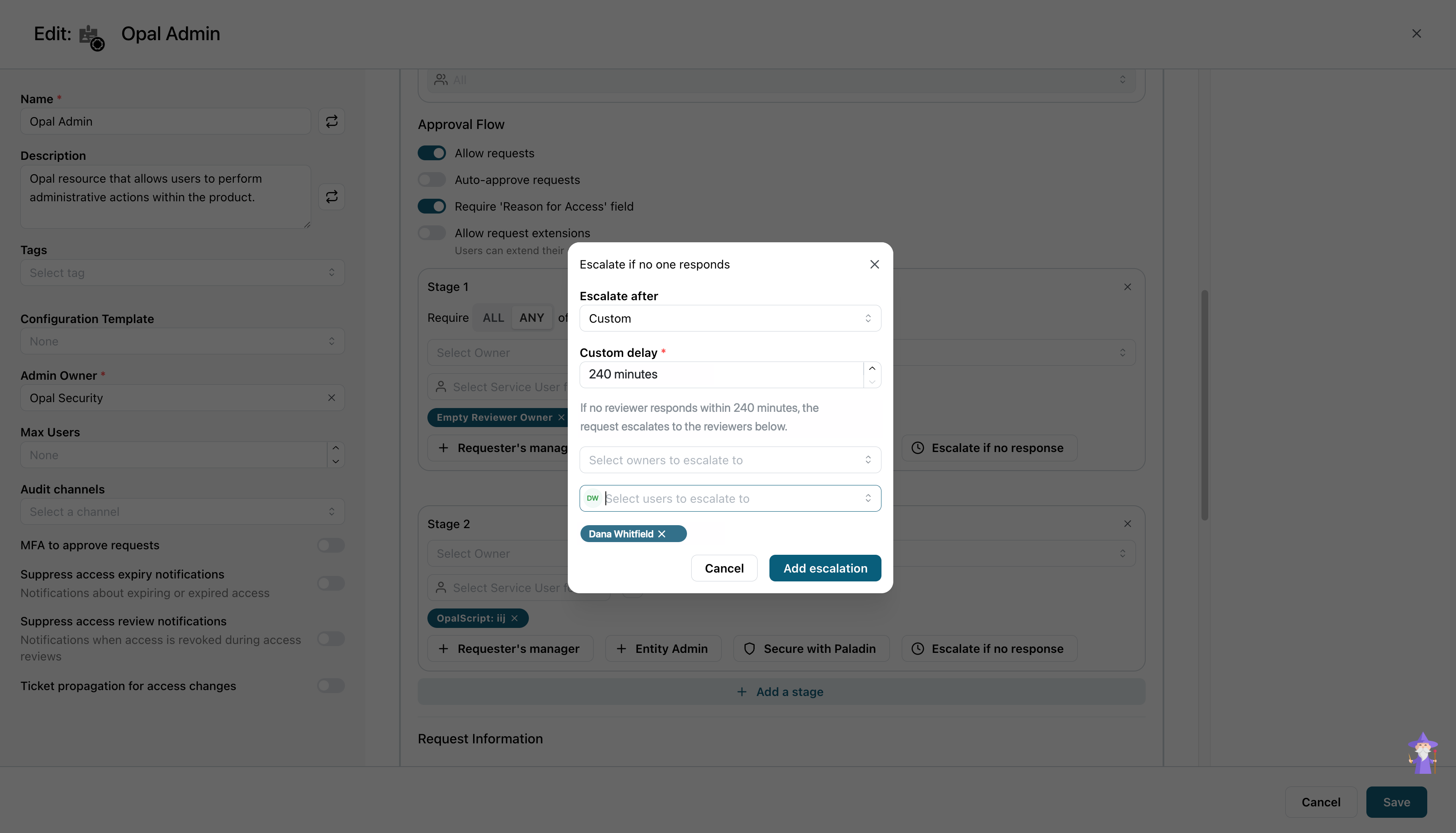 The "Escalate if no one responds" dialog showing an Escalate after dropdown set to Custom, a Custom delay field, and two selects for owners and users to escalate to.