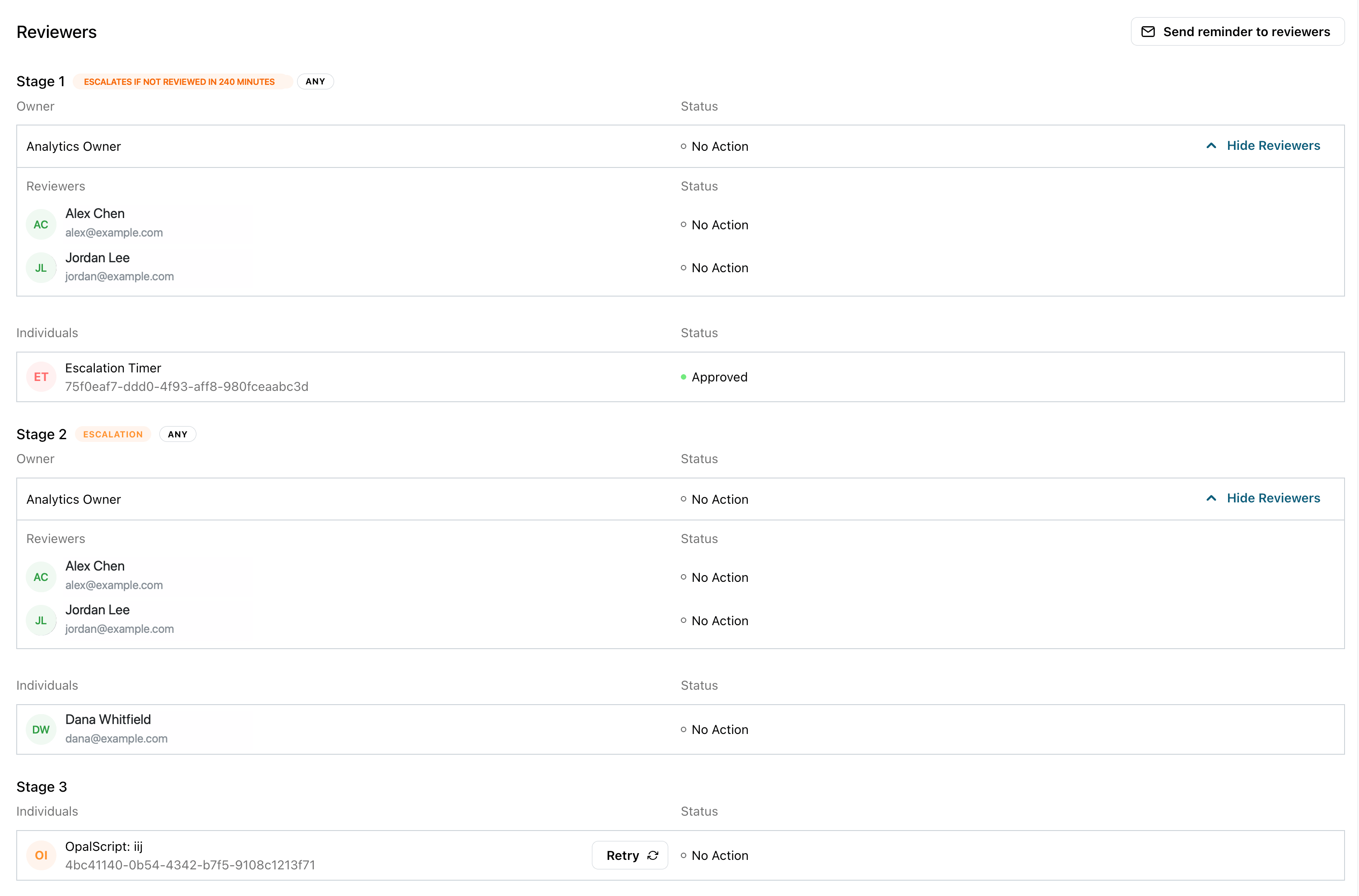 A pending request's Reviewers section. Stage 1 is tagged "escalates if not reviewed in 240 minutes" and Stage 2 is tagged "escalation", with the same owner and reviewers listed on both stages. An Escalation Timer service user appears as an individual reviewer on Stage 1 with a status of Approved.